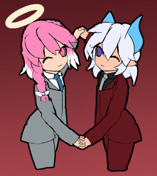 angel angel_boy angel_halo crossdressing december demon demon_boy demon_horns femboy formal_clothes horns jacket kuu pink_eyes pink_hair pointy_ears purple_eyes shota suit suit_jacket sulfur trap white_hair wings