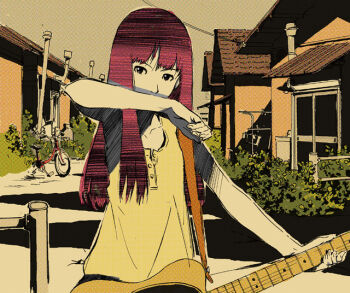 Rule 34 | 1girl, album cover, bicycle, bush, cover, female focus, guitar, house, instrument, loose clothes, loose shirt, official art, otani yoshio, power lines, purple hair, shirt, solo, sotaisei riron, tsurumaki kazuya, yakushimaru etsuko