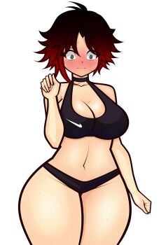 1girl aikiyun black_hair blush breasts cameltoe cleavage curvy embarrassed full-face_blush grey_eyes highres large_breasts legs looking_at_viewer midriff navel ruby_rose rwby short_hair sideboob solo sports_bra sweat thick_thighs thighs thong wide_hips