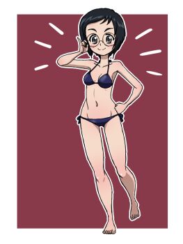 Rule 34 | 1girl, bikini, black bikini, black hair, blush, breasts, closed mouth, full body, girls und panzer, glasses, grey eyes, hand on own hip, katsuya megu, looking at viewer, navel, red background, short hair, side-tie bikini bottom, simple background, small breasts, smile, solo, swimsuit, takahashi kurage