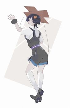 1boy arm_up belt black_hair black_overalls black_shoes blue_trim blunt_ends bright_pupils casual cat_hair_ornament contemporary curled_fingers doll_joints from_behind full_body fur_wrist_cuffs genshin_impact hair_ornament halloween halloween_costume highres joints kneehighs lilixaxafj looking_at_viewer looking_back male_focus marionette marionette_controller official_alternate_costume overalls paw_print_soles puppet puppet_strings purple_belt purple_eyes scaramouche_(genshin_impact) shirt shoes short_sleeves socks solo tongue tongue_out tsurime undershirt wanderer_(genshin_impact) white_pupils white_shirt white_sleeves white_socks white_trim wrist_cuffs