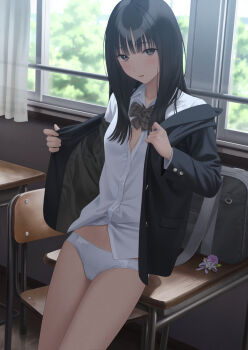 1girl bag black_hair black_jacket blazer bow bow_panties bowtie brown_bow brown_bowtie cameltoe chair classroom commentary_request cowboy_shot day desk grey_eyes hair_over_shoulder hands_up highres indoors jacket leaning_back leaning_on_object long_hair long_sleeves looking_at_viewer miniskirt no_bra no_pants original panties parted_lips plaid_bow plaid_bowtie plaid_clothes removing_jacket school_bag school_chair school_desk school_uniform shirt skirt smile solo standing straight_hair underwear variant_set white_panties white_shirt window yukishima_momo