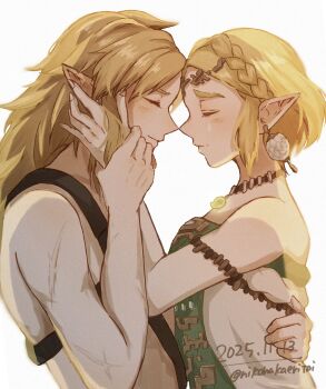 1boy 1girl arm_around_back armlet bare_shoulders blonde_hair braid breasts circlet closed_mouth commentary_request couple crown_braid dated dress earrings hand_on_another&#039;s_cheek hand_on_another&#039;s_face hetero highres holding_another&#039;s_wrist jewelry light_blush light_smile link long_hair magatama magatama_necklace medium_breasts necklace nikohakaeritai nintendo parted_bangs pointy_ears princess_zelda scar scar_on_arm short_hair sidelocks strapless strapless_dress teardrop_facial_mark the_legend_of_zelda the_legend_of_zelda:_tears_of_the_kingdom thick_eyebrows twitter_username upper_body white_background
