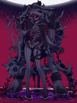 1girl absurdres black_cloak cloak cyborg extra_arms full_body gradient_hair grey_hair grin hair_over_one_eye highres holding holding_sword holding_weapon horns hydrokinesis imazawa joints long_hair looking_at_viewer mechabare monster_girl multicolored_hair original ribs robot_joints sharp_teeth skeleton smile solo spine standing sword tail teeth torn_cloak torn_clothes two-tone_hair very_long_hair wading water weapon white_hair