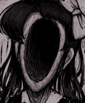 1girl body_horror bow close-up commentary_request faceless gestart333 greyscale hair_bow highres horror_(theme) long_hair monochrome original simple_background solo upper_body