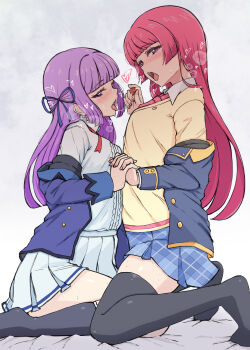 2girls absurdres aikatsu!_x_pripara_the_movie_-deai_no_kiseki!- black_socks black_thighhighs blue_jacket blue_ribbon blue_skirt breasts brown_sweater collared_shirt commentary_request hair_ribbon half-closed_eyes heart highres hikami_sumire hojo_sophy holding_hands interlocked_fingers jacket kneeling long_hair long_sleeves medium_breasts multiple_girls necktie no_shoes off_shoulder open_clothes open_jacket open_mouth pink_hair pink_necktie plaid_clothes plaid_skirt pleated_skirt purple_eyes purple_hair ribbon saliva saliva_trail school_uniform shirt skirt socks sweater temari_rin thighhighs tongue tongue_out very_long_hair white_shirt white_skirt yuri
