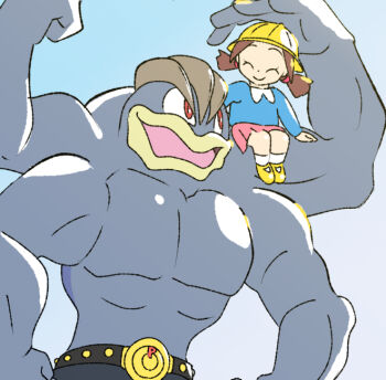 1girl arm_support blue_background blue_sweater brown_hair closed_eyes closed_mouth commentary_request gen_1_pokemon hat koma_sk machamp nintendo pink_skirt pleated_skirt pokemon pokemon_(creature) pokemon_bw preschooler_(pokemon) shoes short_twintails sitting sitting_on_arm skirt smile socks sweater twintails white_socks yellow_hat yellow_shoes