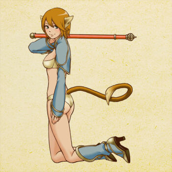 Rule 34 | 1girl, alphabet, animal ears, bad id, bad pixiv id, bikini, bikini top only, blue eyes, brown hair, female focus, genderswap, genderswap (mtf), journey to the west, letter pose, midriff, monkey ears, monkey tail, panties, polearm, short hair, solo, staff, sun wukong, swimsuit, tail, underwear, weapon, yuuhei