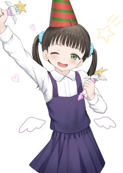 1girl ;d absurdres arm_up black_hair blue_scrunchie blush collared_shirt commentary_request dress dress_shirt green_eyes hair_ornament hair_scrunchie hat highres holding holding_wand long_sleeves looking_at_viewer nedia_(nedia_region) one_eye_closed open_mouth original party_hat pinafore_dress pleated_dress puffy_long_sleeves puffy_sleeves purple_dress scrunchie shirt simple_background sleeveless sleeveless_dress smile solo star_(symbol) twintails wand white_background white_shirt