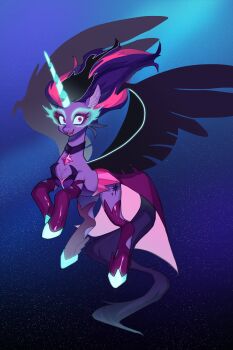 Rule 34 | :d, absurdres, animal, animal focus, animalization, black choker, black hair, black wings, blue sclera, blue sky, choker, colored sclera, colored skin, cutie mark, equestria girls: friendship games, eyeshadow, fang, feathered wings, flaming eyes, floating hair, full body, gem, glowing, glowing eyes, highres, hooves, ikirunosindo, light particles, long hair, looking at viewer, lower teeth only, makeup, midnight sparkle, multicolored hair, my little pony, my little pony: equestria girls, my little pony: friendship is magic, night, no eyebrows, no humans, open mouth, outdoors, oversized wings, pink eyes, pink eyeshadow, pink gem, pink hair, pink skirt, purple hair, purple skin, purple tail, sci-twi, skirt, sky, smile, solo, streaked hair, teeth, tongue, tsurime, twilight sparkle, wide-eyed, winged unicorn, wings