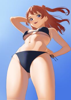 1girl bikini black_bikini blue_background blue_eyes blue_sky blush breasts brown_hair commentary_request cropped_legs denim from_below gakuen_idolmaster hanami_saki hand_in_own_hair hand_on_own_hip highres idolmaster long_hair looking_at_viewer medium_breasts navel open_mouth shinonome_shake simple_background sky smile solo standing swimsuit teeth upper_teeth_only