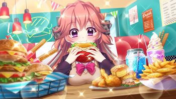 1girl :t black_jacket bow bowl bowtie braid breast_rest breasts brown_cardigan burger butter cardigan chicken_(food) churro closed_mouth crown_braid day diner dot_nose drinking_straw dutch_angle eating film_grain food french_fries fried_chicken game_cg grey_bow haeno_akari hair_bow hanging_light holding holding_burger holding_food indoors izumi_tsubasu jacket large_breasts lens_flare long_hair menu neon_lights non-web_source official_art pancake pancake_stack pink_bow pink_bowtie pink_hair plaid_bow plate purple_eyes re:stage! restaurant school_uniform sitting smile solo sparkle star_(symbol) string_of_flags syrup table two_side_up wafer wafer_stick whipped_cream wooden_table