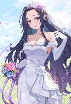 1girl :d absurdres blue_flower blue_rose blue_sky blush bouquet breasts bridal_veil cleavage collarbone cowboy_shot day dress dress_flower earrings elbow_gloves flower gamma_(kagejitsu) gloves grin hair_flower hair_ornament highres holding holding_bouquet jewelry kage_no_jitsuryokusha_ni_naritakute! large_breasts long_hair looking_at_viewer matsumoto_yuu off-shoulder_dress off_shoulder open_mouth outdoors parted_lips pink_flower pink_rose pointy_ears purple_eyes purple_flower purple_hair purple_rose rose sky smile solo veil very_long_hair wedding_dress white_dress white_flower white_gloves white_rose