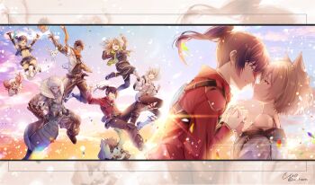 animal_ear_fluff animal_ears aqua_fur black_bodysuit black_hair blue_eyes blue_hair bodysuit breasts brown_hair camisole cat_ears cat_girl chest_jewel colored_skin dark-skinned_male dark_skin eunie_(xenoblade) fiery_hair glasses gloves glowing_lines grey_hair grey_skin head_wings highres holding_hands jacket lanz_(xenoblade) large_breasts long_hair manana_(xenoblade) mio_(xenoblade) mondo_(xenoblade_3) multiple_boys multiple_girls noah_(xenoblade) nopon orange_scarf ponytail riku_(xenoblade) scarf sena_(xenoblade) short_hair side_ponytail skirt smile sunset taion_(xenoblade) tank_top tattoo ui_frara white_camisole white_jacket white_skirt white_tank_top wings xenoblade_chronicles_(series) xenoblade_chronicles_3 yellow_eyes