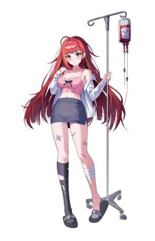 1girl absurdres ahoge akane_lize bandaid bandaid_on_hand bandaid_on_thigh black_socks blush bow bow_bustier breasts bustier closed_mouth commentary_request crossed_bandaids full_body grey_skirt hands_up highres holding intravenous_drip iv_stand korean_commentary long_hair long_sleeves medium_breasts midriff miniskirt multicolored_hair navel off_shoulder open_clothes open_shirt pencil_skirt pink_bustier raised_inner_eyebrows red_hair sandals shirt simple_background single_sock skirt socks solo son_grim standing stellive straight_hair streaked_hair torn_clothes torn_socks very_long_hair virtual_youtuber walking white_background white_shirt