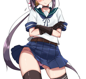 1girl akebono_(kancolle) akebono_kai_ni_(kancolle) bell belt black_gloves black_thighhighs blue_skirt brown_belt commentary_request cowboy_shot crossed_arms flower gloves hair_bell hair_flower hair_ornament head_out_of_frame jingle_bell kantai_collection long_hair miniskirt panties pink_panties pleated_skirt purple_hair school_uniform serafuku shiba_(zudha) shirt short_sleeves side_ponytail skirt solo standing thighhighs underwear very_long_hair white_shirt