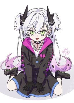 1girl aged_down black_jacket black_shoes demon_horns earrings fate/grand_order fate_(series) green_eyes highres horns jacket jewelry kaduki_cosmo lilith_(fate) long_hair looking_at_viewer neck_tattoo pink_hair shoes signature single_earring solo tattoo tongue tongue_out twintails white_hair