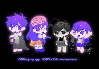 Rule 34 | 1girl, 3boys, antenna hair, arms up, barefoot, black background, black eyes, black hair, black tank top, brain, brother and sister, brothers, checkered clothes, chibi, chibi only, closed mouth, collared shirt, colored skin, double-parted bangs, hair between eyes, happy halloween, hero (headspace) (omori), hero (omori), herosaurus (omori), highres, holding, holding lantern, index finger raised, kel (headspace) (omori), kel (omori), lantern, looking at viewer, lyuz (justtoseemeplea), mari (headspace) (omori), mari (omori), multiple boys, no legwear, omoli (omori), omori, omori (omori), one eye closed, onesie, open mouth, pleated skirt, purple eyes, purple hair, purple shoes, purple shorts, purple sweater vest, red skirt, shirt, shoes, short hair, short sleeves, shorts, siblings, simple background, skirt, smile, socks, striped clothes, striped shorts, sweater vest, tank top, teeth, upper teeth only, vertical-striped clothes, vertical-striped shorts, white shirt, white shorts, white skin, white socks