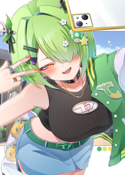 1girl absurdres alternate_costume antler_ribbon antlers apple belt black_choker black_sweater blue_skirt blue_sky blush breasts cellphone ceres_fauna chain choker cleavage cleavage_cutout clothing_cutout cloud commentary_request cowboy_shot cropped_sweater doom_yorusen flower food fruit gold_chain golden_apple green_belt green_hair green_jacket hair_intakes hair_ornament hair_over_one_eye hairclip happy highres holding holding_phone hololive hololive_english horns jacket jewelry large_breasts leaf leaning_forward life_mushroom_(mario) long_hair mario_(series) midriff miniskirt mole mole_under_eye multiple_rings nintendo open_mouth orange_nails outdoors phone ring selfie skirt sky sleeveless sleeveless_sweater smartphone solo standing star_(symbol) star_hair_ornament starbucks sweater teeth upper_teeth_only v virtual_youtuber white_flower yellow_eyes