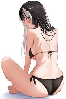 1girl absurdres alternate_costume ass back barefoot bikini black_bikini black_hair blue_eyes blunt_bangs blush breasts closed_mouth commentary_request from_behind grey_hair halterneck highres hime_cut hololive hololive_dev_is juufuutei_raden long_hair looking_at_viewer looking_back median_furrow mino_(miiiinon611) multicolored_hair side-tie_bikini_bottom sideboob simple_background sitting soles solo straight_hair streaked_hair swimsuit two-tone_hair virtual_youtuber white_background