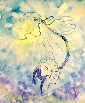Rule 34 | animal focus, blue background, closed eyes, commentary request, gen 1 pokemon, glowing, highres, nintendo, no humans, non (kumakawayusu), painting (medium), pokemon, pokemon (creature), solo, traditional media, upside-down, vaporeon, watercolor (medium)
