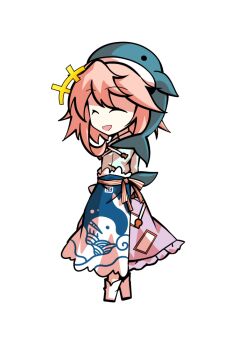 1girl animal_print apron arms_behind_back blue_apron boots chibi chibi_only collared_shirt commentary_request dairi fish_print frilled_skirt frills full_body large_variant_set long_sleeves ofuda ofuda_on_clothes okunoda_miyoi pink_hair pink_skirt print_apron shirt short_hair sidelocks simple_background skirt solo standing tachi-e touhou transparent_background variant_set waist_apron whale_hat whale_print white_boots white_shirt