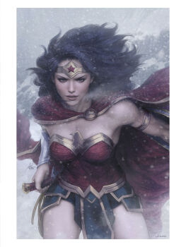 1girl absurdres armlet blizzard blue_eyes blue_hair blurry bracer breasts breath cape comic_cover commentary cowboy_shot dc_comics depth_of_field english_commentary highres holding holding_behind_back holding_weapon holding_weapon_behind_back jewelry lasso lasso_of_truth long_hair looking_at_viewer official_art parted_lips photoshop_(medium) pommel realistic reverse_grip shield skirt snow snowing solo stanley_lau superhero_costume sword textless_version tiara toned toned_female weapon wonder_woman wonder_woman_(series)