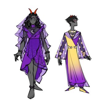 Rule 34 | 1boy, 1girl, adapted costume, anklet, barefoot, black hair, blank eyes, bracelet, circlet, closed eyes, colored sclera, colored skin, commentary, crescent, crescent necklace, curly hair, dress, english commentary, extra horns, feferi peixes, full body, gold bracelet, gold necklace, grey skin, homestuck, horns, jewelry, long hair, long sleeves, multicolored shoes, necklace, no mouth, no nose, pants, purple dress, purple pants, purple shoes, purple veil, red eyes, red horns, see-through clothes, see-through skirt layer, see-through sleeves, shoes, short hair, silver necklace, simple background, sollux captor, standing, star (symbol), star print, teardew, three-quarter sleeves, troll (homestuck), two-tone dress, two-tone shoes, veil, white background, yellow dress, yellow sclera, yellow shoes