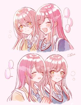 2girls anam95 blush closed_eyes closed_mouth collared_shirt commentary_request diagonal-striped_clothes diagonal-striped_necktie grey_sweater hair_between_eyes highres idolmaster idolmaster_shiny_colors long_hair looking_at_another multiple_girls necktie open_mouth osaki_amana osaki_tenka red_hair school_uniform sepia shirt siblings simple_background sisters smile speech_bubble striped_clothes striped_necktie sweater swept_bangs twins upper_body white_shirt yellow_eyes yellow_sweater