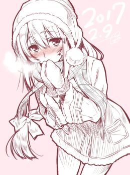 Rule 34 | 1girl, 2017, amakano, blush, bow, commentary request, dated, greyscale with colored background, hair between eyes, hair bow, long hair, looking at viewer, mittens, official art, pink background, piromizu, signature, simple background, sketch, solo, takayashiro yuzuka