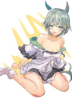 1girl animal_ears bare_shoulders blue_eyes blush bracelet breasts choker cleavage collarbone commentary_request dress ear_covers flower green_sailor_collar grey_hair hair_between_eyes hair_flower hair_ornament hairclip horse_ears horse_girl horse_tail jewelry looking_at_viewer medium_breasts off-shoulder_dress off_shoulder open_mouth sailor_collar seiun_sky_(reeling_in_the_big_one)_(umamusume) seiun_sky_(umamusume) short_hair single_ear_cover smile solo sunflower sunflower_hair_ornament tail umamusume white_dress yanagi_wakana yellow_choker