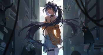 Rule 34 | alley, black cat, borrowed character, bow, cat, cellphone, choker, crop top, haewoo-b, hair bow, heterochromia, horns, miniskirt, off shoulder, orange eyes, phone, purple hair, red eyes, ruthenium77's character, skirt, smartphone, tagme, tongue, tongue out, twintails