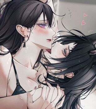 2girls animal_ears bang_dream! bang_dream!_it&#039;s_mygo!!!!! black_bra black_choker blackfangs blue_eyes blush bra breasts choker cleavage commentary fangs heart highres kemonomimi_mode multiple_girls purple_eyes shiina_taki symbol-only_commentary underwear wolf_ears wolf_girl yahata_umiri yuri