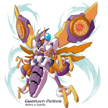 Rule 34 | 2000s (style), abdomen tail, armor, character name, copyright name, flying, full body, godzilla (series), godzilla vs. mothra, highres, humanoid robot, insect wings, kaiju, karakatodzo, looking at viewer, mechanization, mega man (series), mega man zero (series), mothra, nakayama tooru (style), parody, pincers, red eyes, robot, style parody, white armor, wings