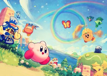 :d armor arms_up artist_name bandana bandana_waddle_dee beak blue_bandana blue_eyes blue_sky blush blush_stickers bug butterfly cape character_request closed_eyes cloud coat copy_ability day eyes_in_shadow flower flying full_body fur-trimmed_coat fur-trimmed_headwear fur-trimmed_sleeves fur_trim gloves grass hat highres hill holding holding_polearm holding_weapon insect king_dedede kirby kirby&#039;s_return_to_dream_land kirby&#039;s_return_to_dream_land_deluxe kirby_(series) leaf_kirby leafan long_sleeves looking_at_viewer magolor manager_magolor mask meta_knight morpho_knight mountain nintendo no_humans one_eye_closed open_mouth outdoors path plant polearm polof rabbit rainbow rayman_limbs red_coat red_headwear road running sand_kirby scenery shoulder_armor sky smile solid_oval_eyes spear star_(symbol) suyasuyabi top_hat tree twitter_username water water_kirby waterfall weapon white_flower yellow_eyes yellow_gloves