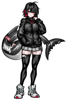 1girl :/ absurdres ahoge alternate_costume bandaid_on_tail black_hair black_jacket black_thighhighs blush breasts chain closed_mouth colored_inner_hair commentary earclip ellen_joe fins fish_tail full_body grey_skirt hand_in_pocket hand_up high_collar highres jacket looking_at_viewer medium_breasts mole mole_under_eye multicolored_hair piercing razor_blade_hair_ornament red_eyes scar scar_on_tail shark_girl shark_tail shoes short_hair simple_background skirt sneakers solo symbol-only_commentary tail tail_ornament tail_piercing thighhighs torn_clothes torn_thighhighs white_background white_shoes yotaro zenless_zone_zero