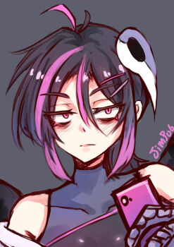 1girl absurdres animal_hands artist_name ava_(orc_massage) bare_shoulders black_background black_hair black_wings blush cellphone collarbone hair_between_eyes hair_ornament hairclip harpy highres holding holding_phone jimpu6 looking_at_viewer mask mask_on_head monster_girl multicolored_hair orc_massage phone pink_eyes pink_hair short_hair short_hair_with_long_locks sidelocks simple_background smartphone solo staring wings