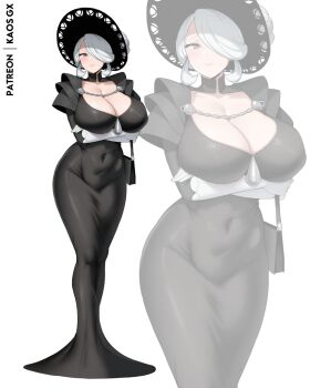 Rule 34 | 1girl, arms under breasts, bag, black dress, black hat, black headwear, blush, breasts, cleavage, closed mouth, cogita (pokemon), collarbone, covered navel, crossed arms, curvy, dress, gloves, grey eyes, grey hair, hair over one eye, handbag, hat, kaos art, large breasts, long dress, looking at viewer, mature female, multiple views, nintendo, pokemon, pokemon legends: arceus, short hair, shoulder bag, smile, standing, sun hat, sweatdrop, white background, white gloves, white hair, wide hips