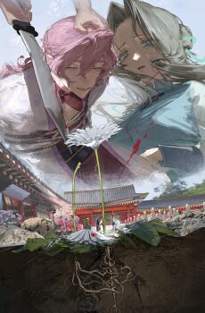 1boy 1girl 1other absurdres architecture black_sash bleeding blood blood_on_neck blood_spray blue_shirt blue_sky bound braid building chinese_clothes cleavage_cutout closed_eyes clothing_cutout coat commission day east_asian_architecture flower grabbing_another&#039;s_hair green_eyes green_ribbon grey_hair hair_between_eyes hair_bun hair_ribbon hand_on_another&#039;s_head hetero highres holding holding_another&#039;s_hair holding_sword holding_weapon kneeling leaf long_hair long_sleeves looking_at_another low_ponytail mandarin_collar mau_sakura multiple_views open_mouth original out_of_frame outdoors parted_lips pink_flower pink_hair plant_roots ponytail red_shirt restrained ribbon rock rope sash shade shirt skeb_commission sky smile soil sweat sword tree upper_body weapon white_coat white_flower