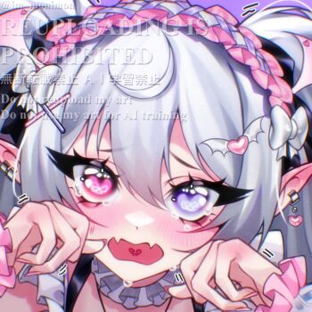 1girl aegyo_sal baphii_(vtuber) blush broken_heart commentary crying crying_with_eyes_open double-parted_bangs ear_piercing fangs fingernails frills grey_hair hair_between_eyes hair_ornament hairband hands_up heart heart_hair_ornament heterochromia im_monimon indie_virtual_youtuber looking_at_viewer open_mouth piercing pink_eyes pink_hairband pointy_ears portrait purple_background purple_eyes raised_inner_eyebrows skin_fangs solo symbol-only_commentary tears virtual_youtuber watermark winged_heart x_hair_ornament