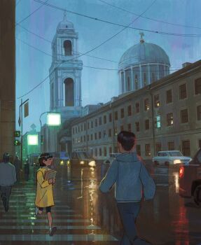 1boy 1girl absurdres black_hair blue_hoodie blue_pants book building car city crosswalk highres holding holding_book honeyoink_draw hood hood_down hoodie motor_vehicle original outdoors overcast pants people power_lines reflective_pavement road running scenery shoes short_hair sky traffic_light