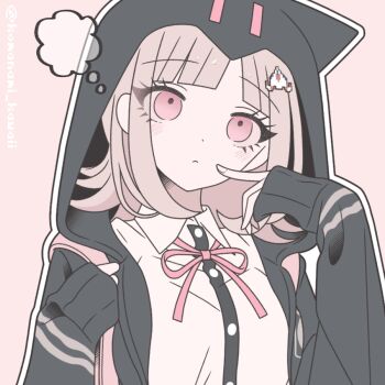 1girl blush breasts brown_hair collared_shirt danganronpa_(series) danganronpa_2:_goodbye_despair flipped_hair hair_ornament hood jacket komanami_kawaii long_sleeves looking_at_viewer medium_hair nanami_chiaki neck_ribbon open_clothes open_jacket pink_eyes pink_ribbon ribbon shirt solo white_shirt