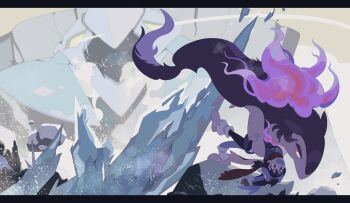 1girl akari_(pokemon) akira_kira attack black_hair fire fleeing galaxy_expedition_team_survey_corps_uniform giant headscarf highres hisuian_avalugg hisuian_typhlosion holding icicle long_hair nintendo open_mouth pokemon pokemon_(creature) pokemon_legends:_arceus purple_fire red_eyes red_scarf scarf sidelocks white_headscarf