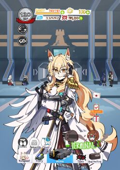 5girls ahoge amiya_(arknights) animal_ear_fluff animal_ears arknights arm_guards armor belt black_belt black_gloves black_shorts blonde_hair blush cape catapult_(arknights) character_name closed_mouth commentary crossed_arms curly_hair doctor_(arknights) dress english_text eyelashes fang_(arknights) feather_cape gloves grani_(arknights) greaves headset high_collar highres horse_ears horse_girl horse_tail indoors kal&#039;tsit_(arknights) legs_apart long_hair looking_at_viewer microphone multiple_girls nearl_(arknights) nearl_the_radiant_knight_(arknights) parody pauldrons platinum_(arknights) ponytail rhodes_island_logo_(arknights) shorts shoulder_armor single_pauldron sleepyowl_(jobkung15) smile solo_focus standing tail test_tube test_tube_holster umamusume user_interface very_long_hair white_cape white_dress yellow_eyes