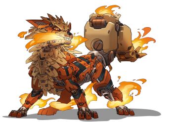 arcanine breath_weapon breathing_fire fire full_body gen_1_pokemon gifer_art highres joints looking_at_viewer mecha mecha_focus mechanical_tail mechanization nintendo no_humans non-humanoid_robot orange_eyes pokemon pokemon_(creature) procreate_(medium) robot robot_joints science_fiction shadow simple_background solo tail turning_head white_background