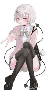 Rule 34 | 1girl, absurdres, asumi sena, bag, black shoes, black thighhighs, bow, bowtie, closed mouth, collared shirt, commentary request, cross hair ornament, grey hair, grey skirt, gyaru v, hair ornament, hand up, highres, jacket, jewelry, knees up, loafers, long sleeves, looking at viewer, multicolored hair, multiple tails, necklace, pink eyes, pink jacket, school bag, school uniform, shirt, shoes, short hair, sidelocks, simple background, sitting, skirt, smile, solo, streaked hair, tail, thighhighs, tongue, tongue out, twitter username, two tails, udn hnt, v, virtual youtuber, vspo!, white background