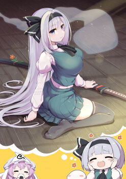 2girls :3 =_= aged_up alternate_breast_size_(larger) ascot ass black_ascot black_hairband black_ribbon black_thighhighs blue_eyes blunt_bangs blush blush_stickers breasts closed_eyes closed_mouth collared_shirt commentary_request eating expressionless flower food futa_(nabezoko) green_skirt green_vest grey_hair hair_ribbon hairband hands_on_own_cheeks hands_on_own_face hat highres hitodama holding holding_sheath huge_breasts imagining juliet_sleeves katana konpaku_youmu konpaku_youmu_(ghost) large_breasts light_rays long_hair long_sleeves looking_at_viewer medium_hair miniskirt mob_cap multiple_girls no_shoes onigiri open_mouth pink_hair pleated_skirt puffy_sleeves purple_hat red_flower ribbon saigyouji_yuyuko scabbard sheath sheathed shirt short_hair sitting skirt skirt_set smile soles speech_bubble sword thighhighs thought_bubble tight_clothes touhou triangular_headpiece twisted_torso very_long_hair vest wariza watermark weapon white_shirt wooden_floor zettai_ryouiki