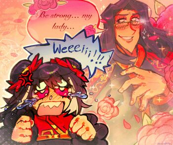 1girl 2boys anger_vein black_coat black_hair blush brown_eyes cape chibi chibi_inset china_dress chinese_clothes clenched_hands coat crying crying_with_eyes_open double_bun dress emerald_kitty english_text floral_background flower glasses gold_trim hair_bun hair_ornament hand_on_own_chest highres jia_xichun_(project_moon) limbus_company long_hair multicolored_hair multiple_boys open_mouth petals pointy_chin project_moon red_cape red_eyes red_flower red_rose rose rose_petals sinclair_(project_moon) smile sparkle sparkling_eyes speech_bubble tears thick_eyebrows twitter_username wei_(project_moon) white_hair