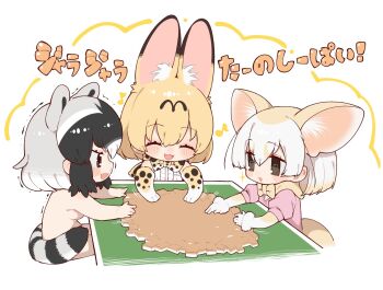 3girls :d animal_ears black_hair blonde_hair blunt_bangs blush bow bowtie breasts cat_ears cat_girl commentary_request common_raccoon_(kemono_friends) completely_nude cowboy_shot elbow_gloves extra_ears fang fennec_(kemono_friends) fox_ears fox_girl gloves grey_hair heart heart-shaped_pupils highres kemono_friends mahjong mahjong_table mahjong_tile medium_breasts multiple_girls notora nude open_mouth pink_shirt print_bow print_bowtie puffy_short_sleeves puffy_sleeves raccoon_ears raccoon_girl raccoon_tail serval_(kemono_friends) shirt short_hair short_sleeves simple_background sitting skin_fang sleeveless sleeveless_shirt smile strip_game strip_mahjong symbol-shaped_pupils table tail tail_censor translation_request trembling white_background white_hair
