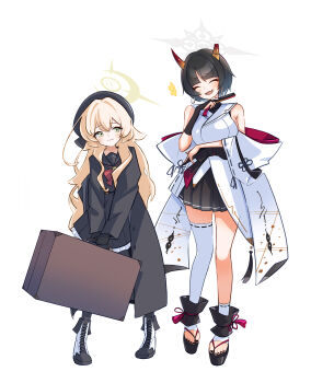 +++ 2girls :3 armpit_crease bare_shoulders black_coat black_hair black_sailor_collar black_shoes blonde_hair blue_archive boots breasts briefcase broken_horn closed_eyes coat commentary_request full_body green_eyes hand_fan height_difference highres holding holding_briefcase holding_fan horns long_hair long_sleeves mole mole_under_eye multiple_girls niya_(blue_archive) okobo open_mouth platform_sandals pleated_skirt professor_niyaniya_(blue_archive) racoon5 sailor_collar sandals shoes skirt smile